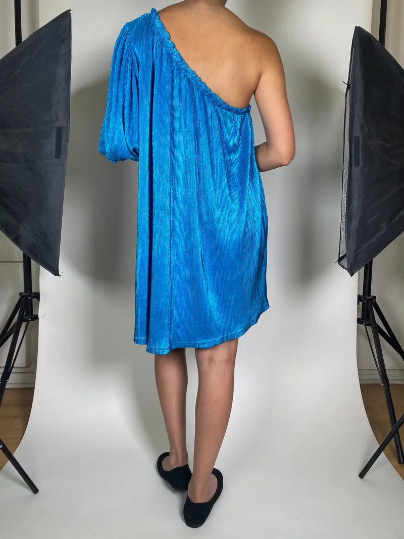 BLANCA SOFÍA Vestido Asimétrico Azul Metalizado