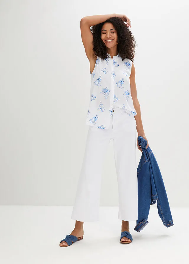 Blusa de viscosa sin mangas blanco/azur con flores