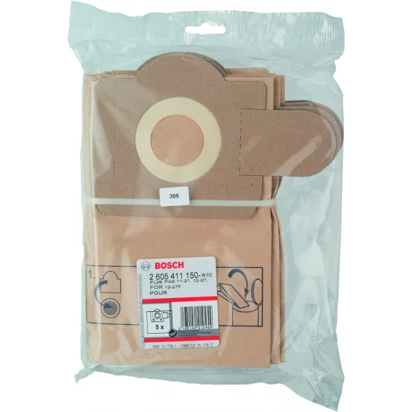 BOSCH  2605411150  BOLSAS DE ASPIRADORA, RESIDUOS SECOS, PASO 1121, PASO 1227, PASO 1227 F, 5 PIEZAS