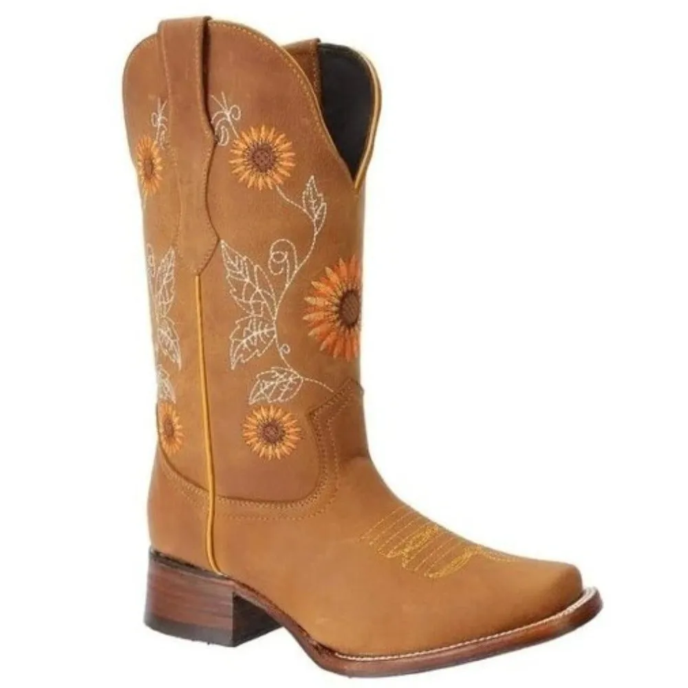 BOTAS DE CUERO HORMA RODEO PARA MUJER COLOR MIEL CON GIRASOLES JB1505HON