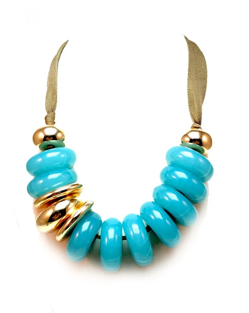 COLLARES AZULES CON ORIGINALES DISCOS COMO ADORNO CENTRAL