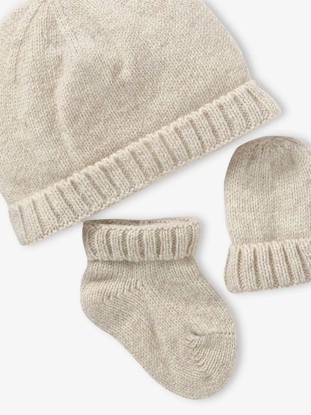 Conjunto para recién nacido de punto tricot: gorro + manoplas + zapatillas de casa