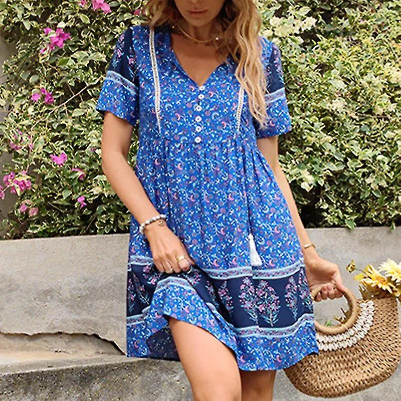 Damas Vestidos bohomianos sueltos Mujeres Casual Manga Corta Vestido de sol de playa Sencillo
