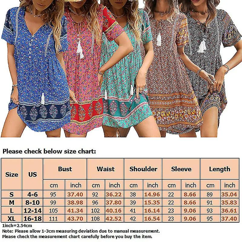 Damas Vestidos bohomianos sueltos Mujeres Casual Manga Corta Vestido de sol de playa Sencillo