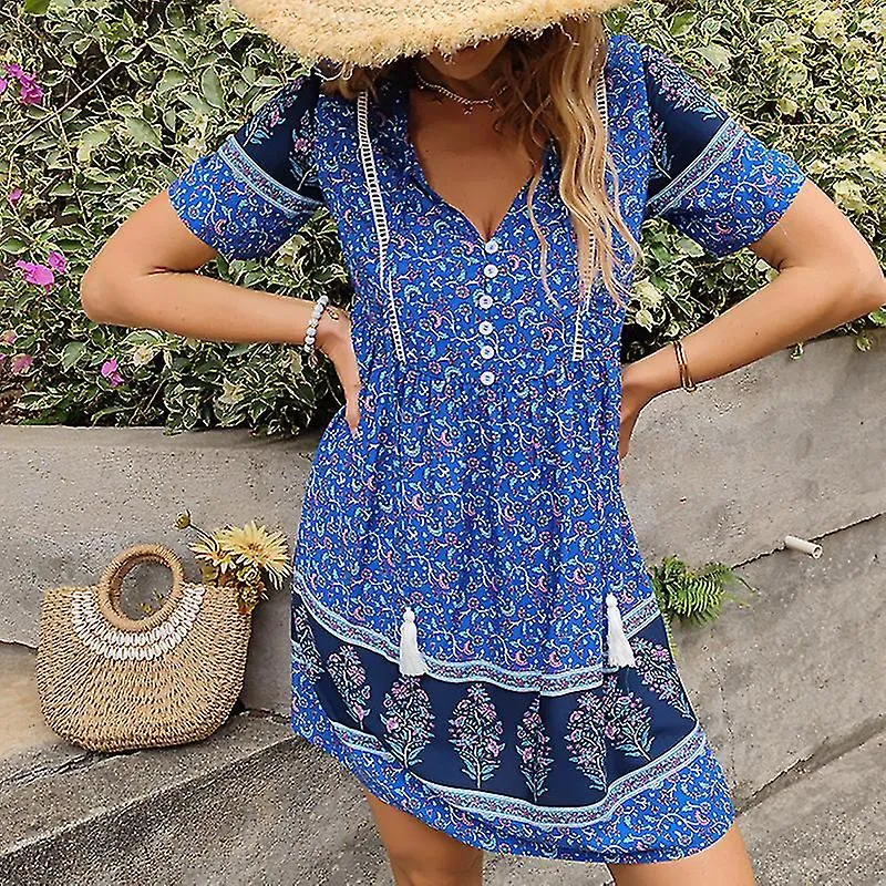 Damas Vestidos bohomianos sueltos Mujeres Casual Manga Corta Vestido de sol de playa Sencillo