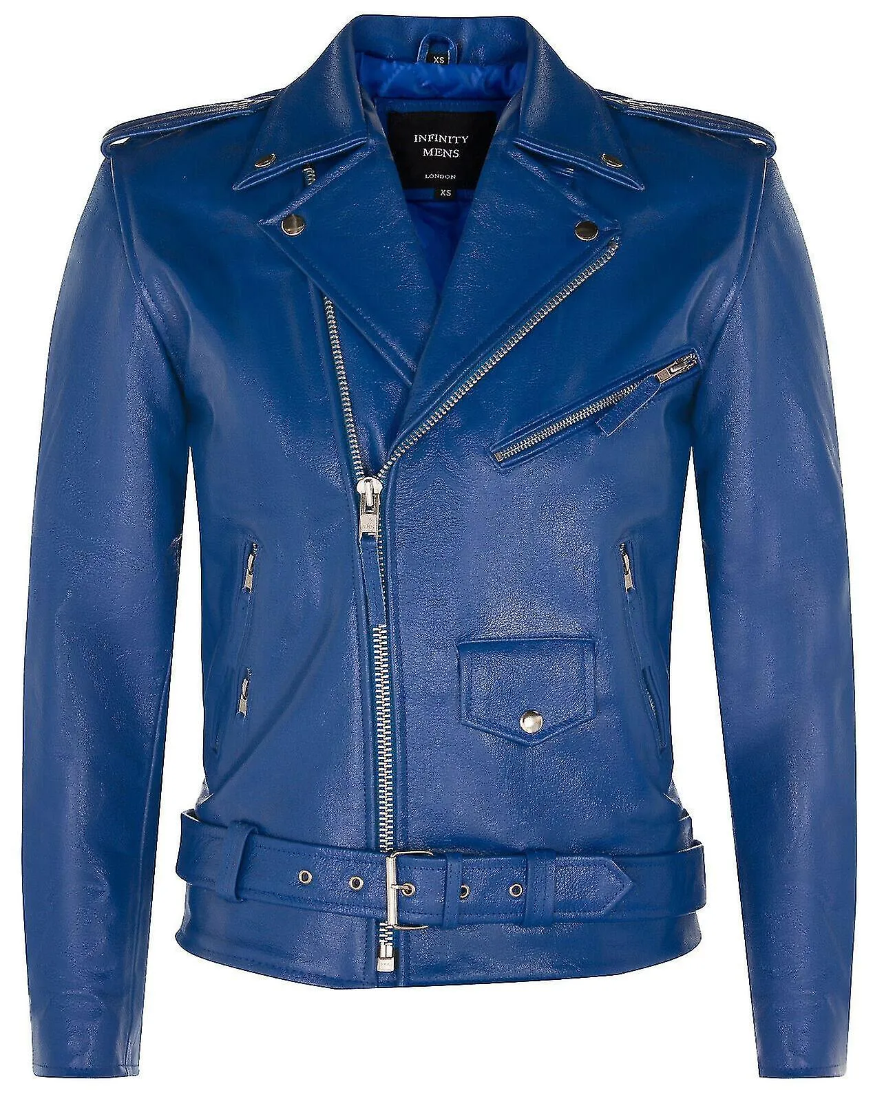 Hombre Brando Cuero Elegante Royal Blue Biker Chaqueta