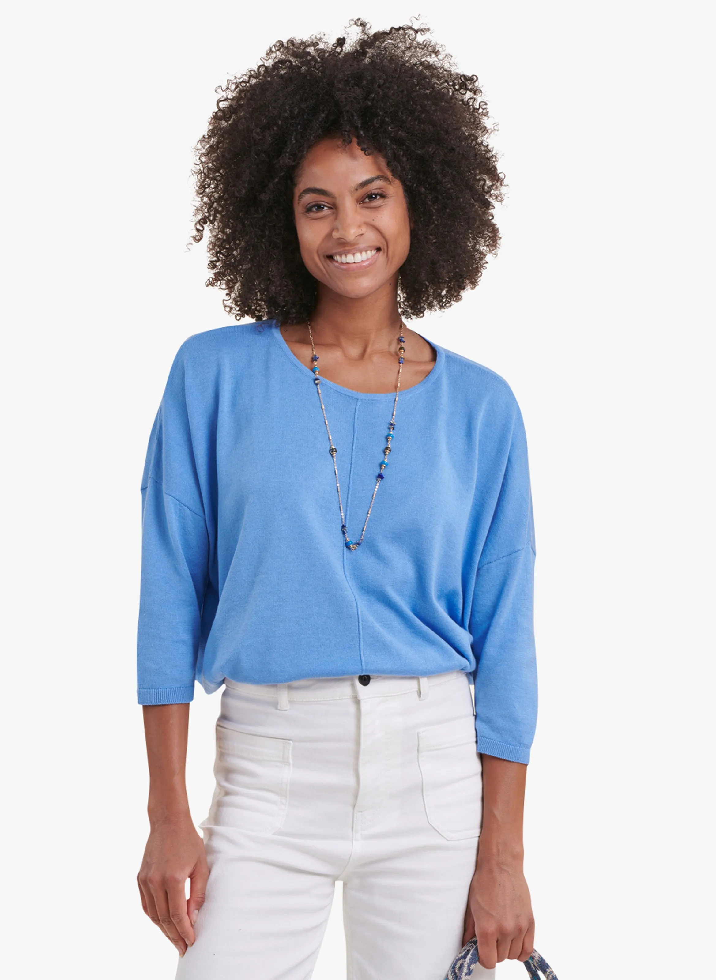 Jersey fino de mezcla de algodón orgánico con cuello redondo en azul