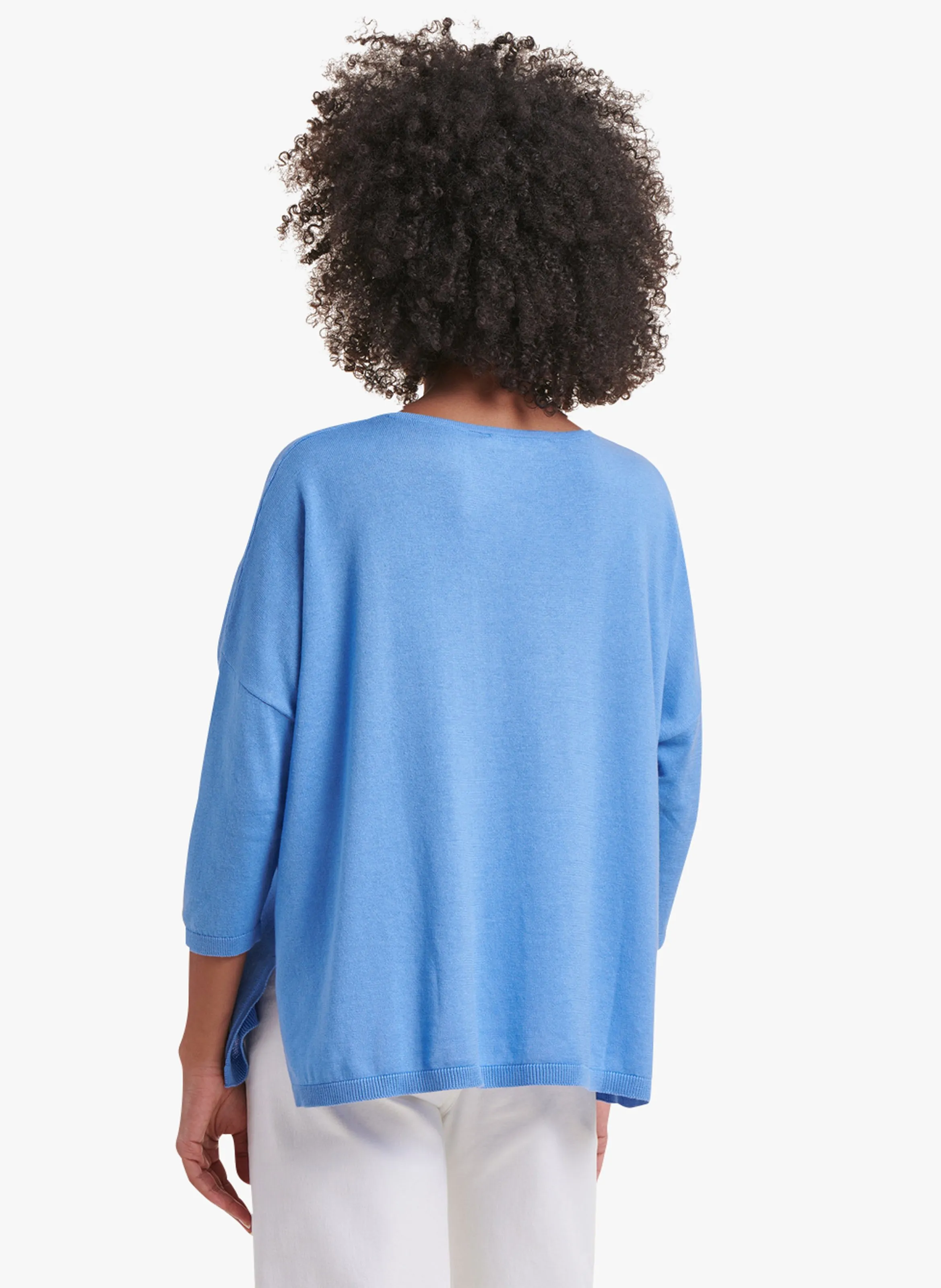 Jersey fino de mezcla de algodón orgánico con cuello redondo en azul