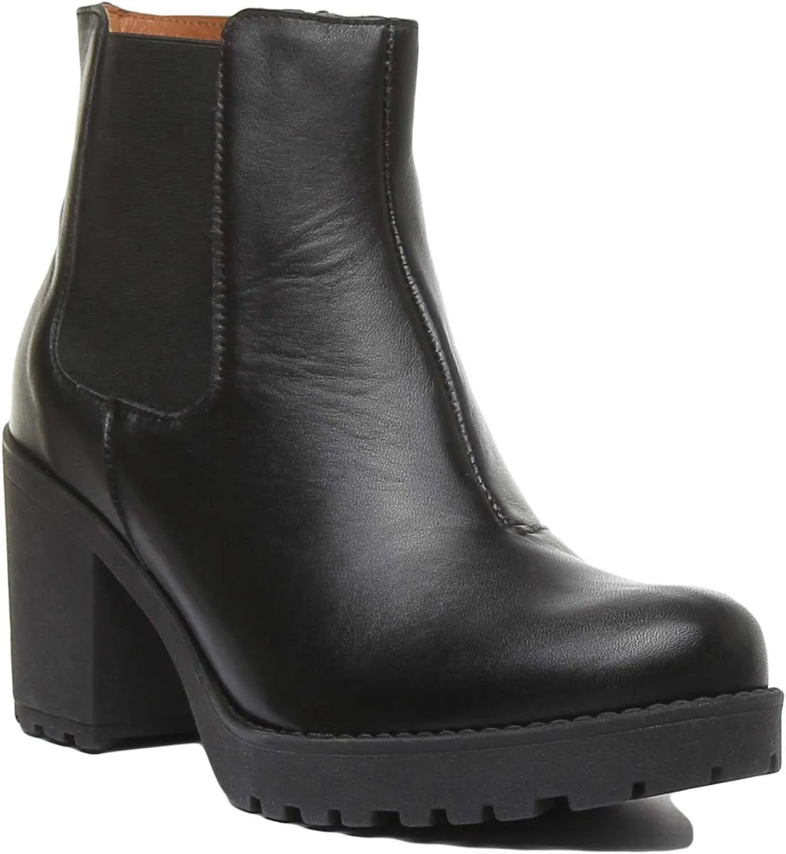 JUSTINREESS 3100 Botín de piel con tacón en bloque para mujer en negro