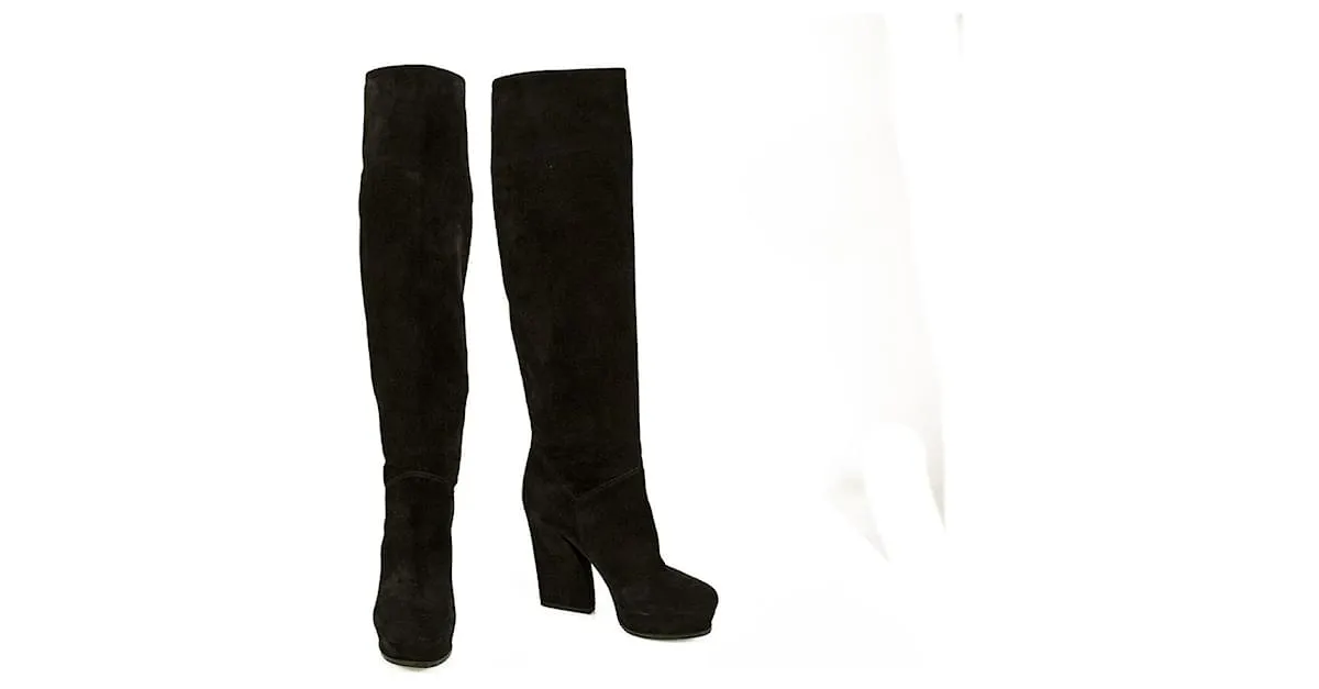 Lanvin Black Suede Botas hasta la rodilla Tacones altos Plataforma Zapatos tamaño 37 Negro 