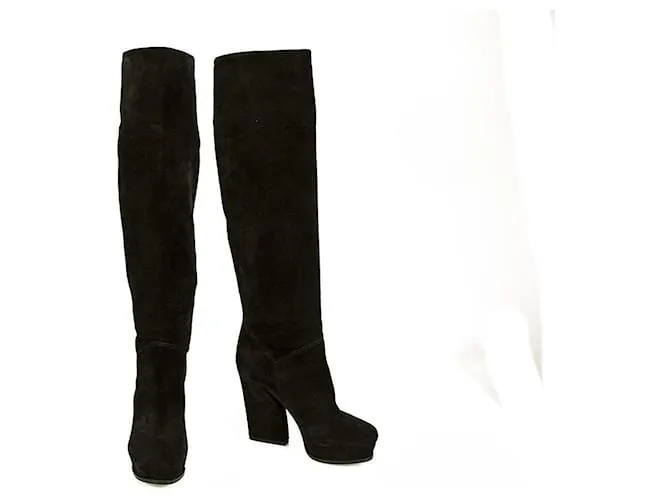 Lanvin Black Suede Botas hasta la rodilla Tacones altos Plataforma Zapatos tamaño 37 Negro 