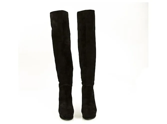 Lanvin Black Suede Botas hasta la rodilla Tacones altos Plataforma Zapatos tamaño 37 Negro 