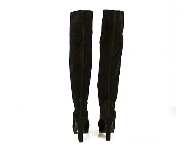 Lanvin Black Suede Botas hasta la rodilla Tacones altos Plataforma Zapatos tamaño 37 Negro 
