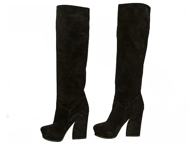Lanvin Black Suede Botas hasta la rodilla Tacones altos Plataforma Zapatos tamaño 37 Negro 
