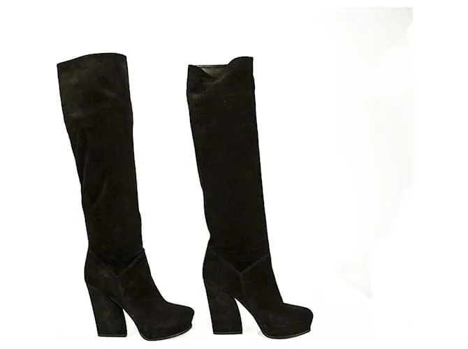 Lanvin Black Suede Botas hasta la rodilla Tacones altos Plataforma Zapatos tamaño 37 Negro 