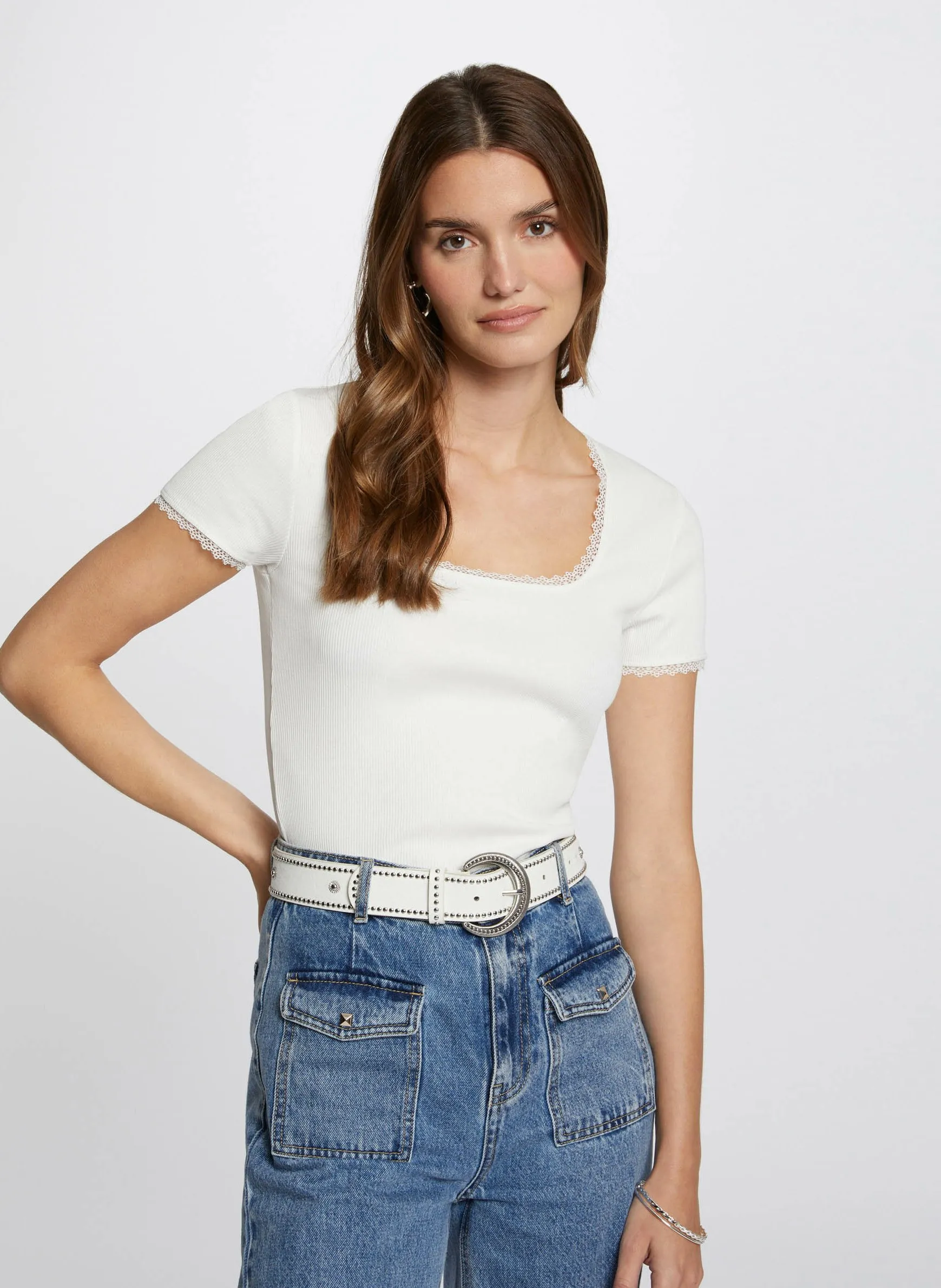 MORGAN DLUBI  CAMISETA DE MEZCLA DE ALGODóN CON ENCAJE EN BLANCO