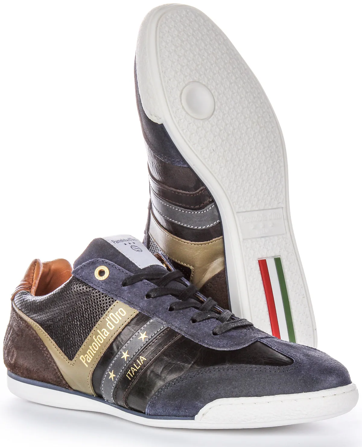 Pantofola D'oro Vasto Uomo Low Starred Side Logo Casual Cordones Zapatillas de Hombre de Cuero y Ante en Azul Marino Multi
