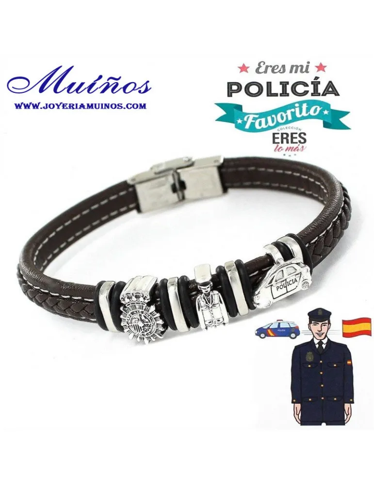Pulsera plata y cuero eres mi policía favorito