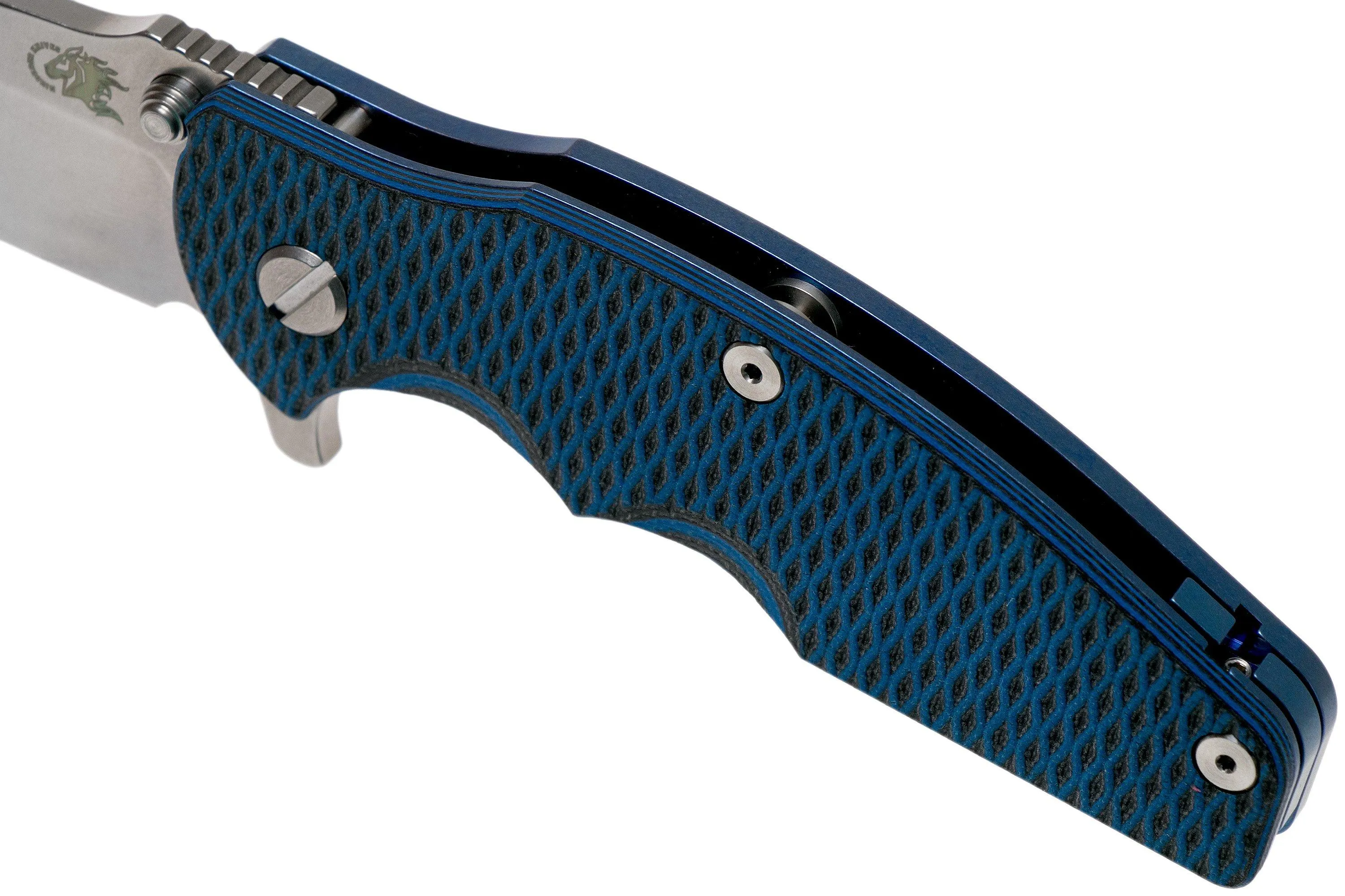 RICK HINDERER JURASSIC SPEARPOINT 20CV STONEWASH BLUE, BLUEBLACK G10 NAVAJA