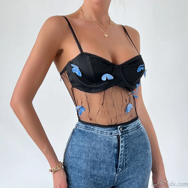 Sexy Mesh Sheer Butterfly Cami Tops Racerback Eyelash Lace Bralette Transparent Lingerie Bra Vest Women's Camisole Corset Tank C