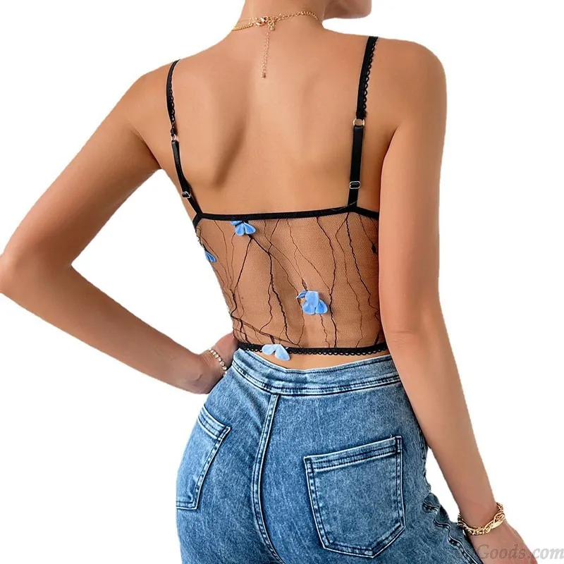 Sexy Mesh Sheer Butterfly Cami Tops Racerback Eyelash Lace Bralette Transparent Lingerie Bra Vest Women's Camisole Corset Tank C