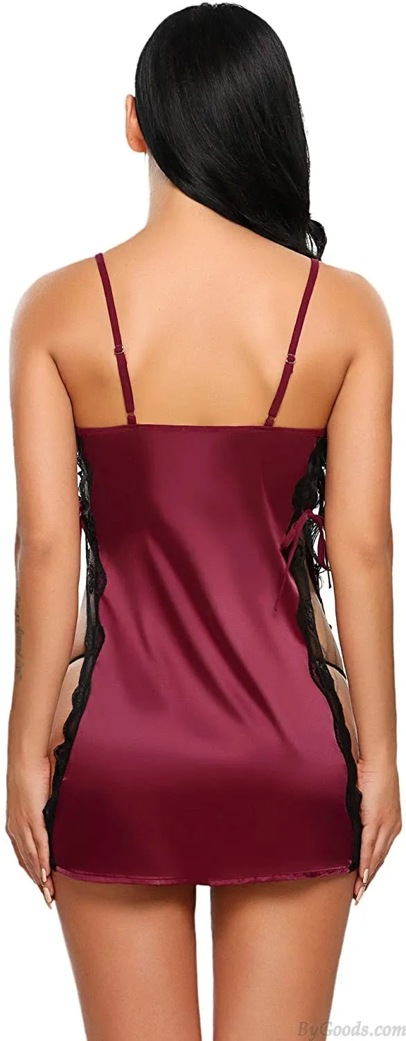 Sexy Red Chemise Soft Sleepwear Babydoll Lingerie Nightgown For Women Side Slit Strappy Satin Nightdress 