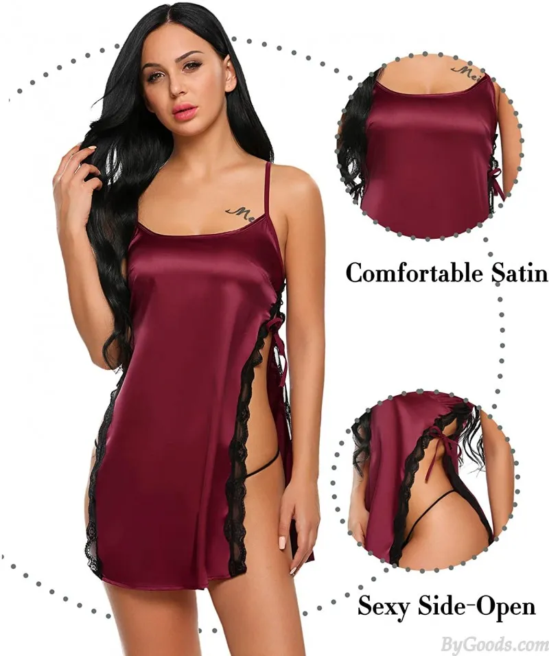 Sexy Red Chemise Soft Sleepwear Babydoll Lingerie Nightgown For Women Side Slit Strappy Satin Nightdress 