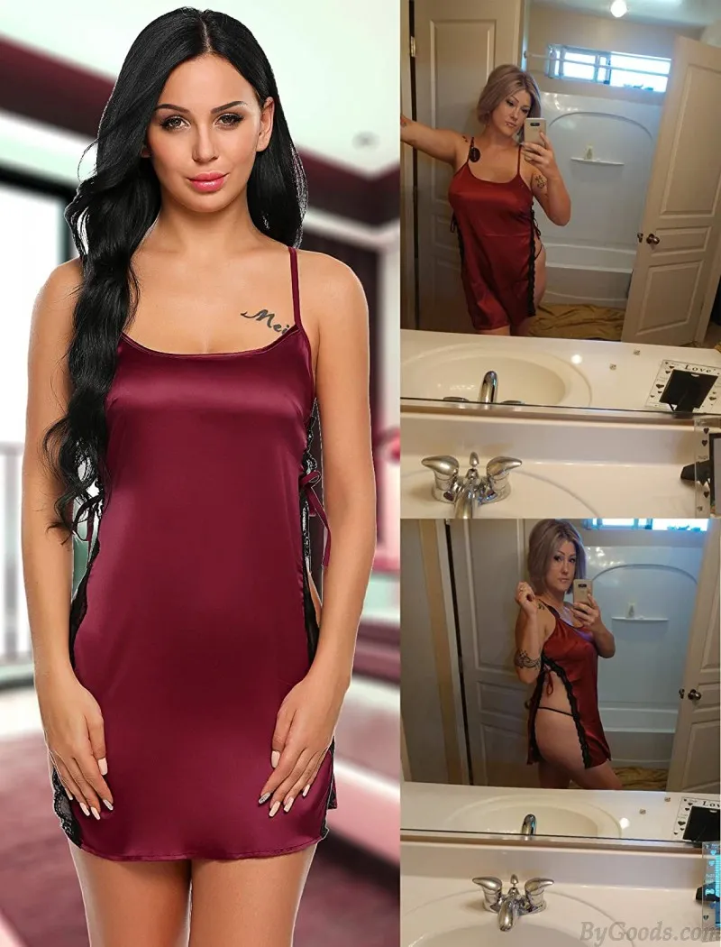 Sexy Red Chemise Soft Sleepwear Babydoll Lingerie Nightgown For Women Side Slit Strappy Satin Nightdress 
