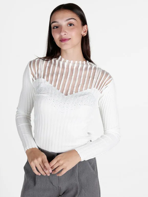 Solada Jersey de mujer de cuello alto con velos y pedrería