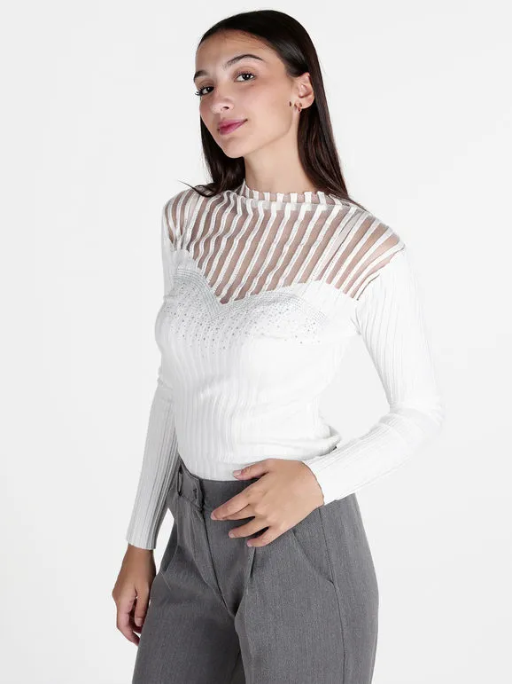 Solada Jersey de mujer de cuello alto con velos y pedrería