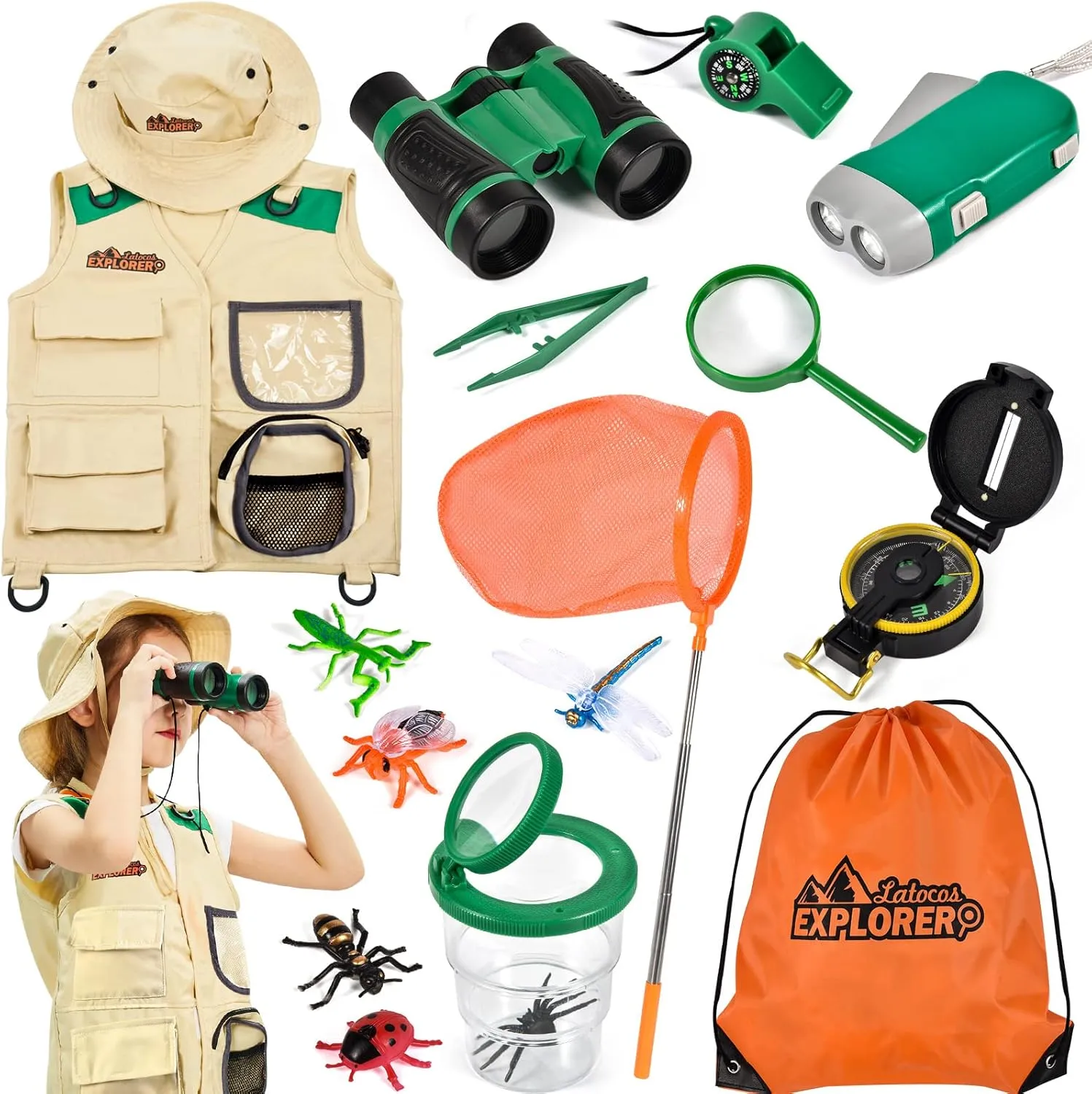 Tacobear Kit Explorador Niños Aire Libre Aventura Juguetes con Chaleco Sombrero Prismáticos Lupa Cazamariposas Brújula Juguetes 