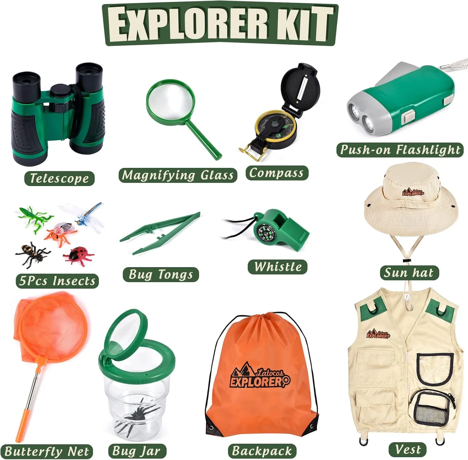 Tacobear Kit Explorador Niños Aire Libre Aventura Juguetes con Chaleco Sombrero Prismáticos Lupa Cazamariposas Brújula Juguetes 
