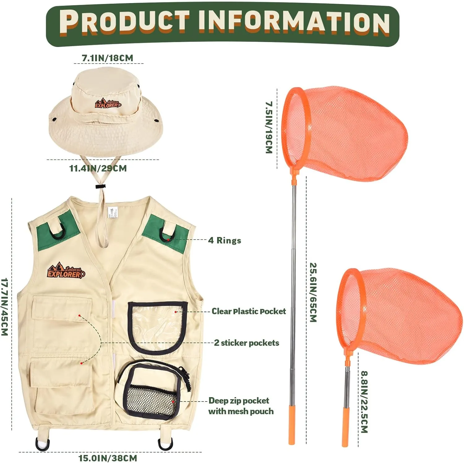 Tacobear Kit Explorador Niños Aire Libre Aventura Juguetes con Chaleco Sombrero Prismáticos Lupa Cazamariposas Brújula Juguetes 