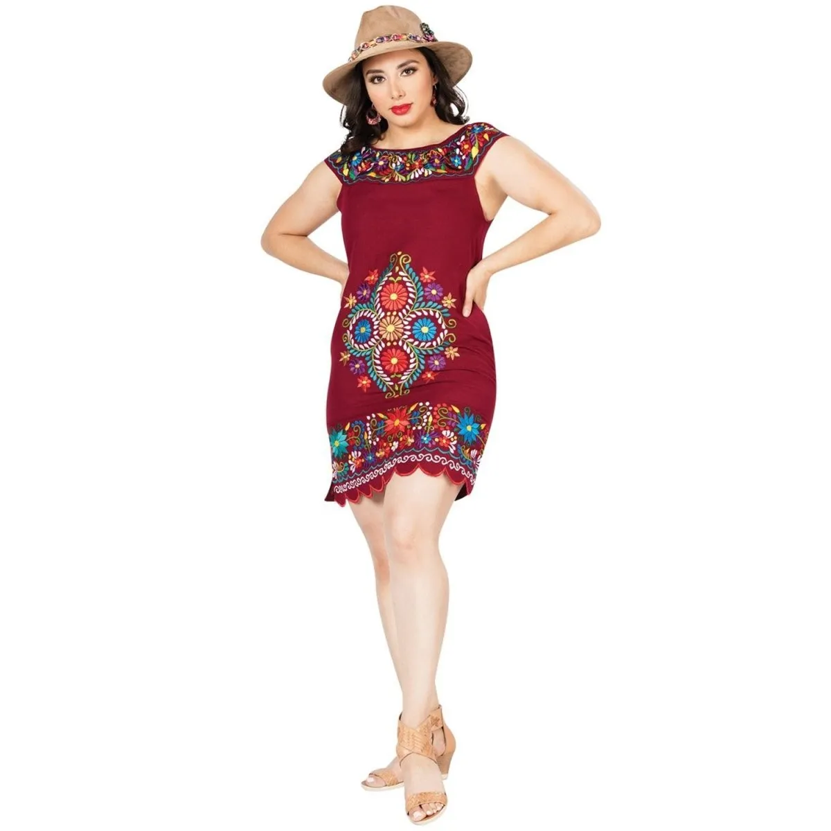 VESTIDO ARTESANAL FINO BORDADO LINDA COLOR VINO PARA MUJER GEN603088