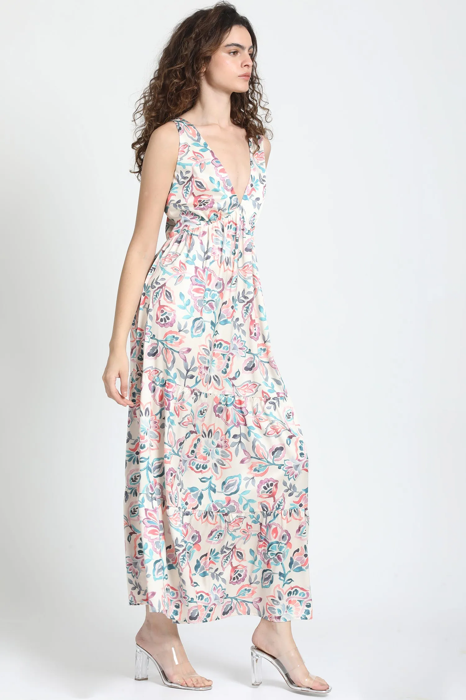 VESTIDO MAXI SATIN ESTAMPADO BEIGE