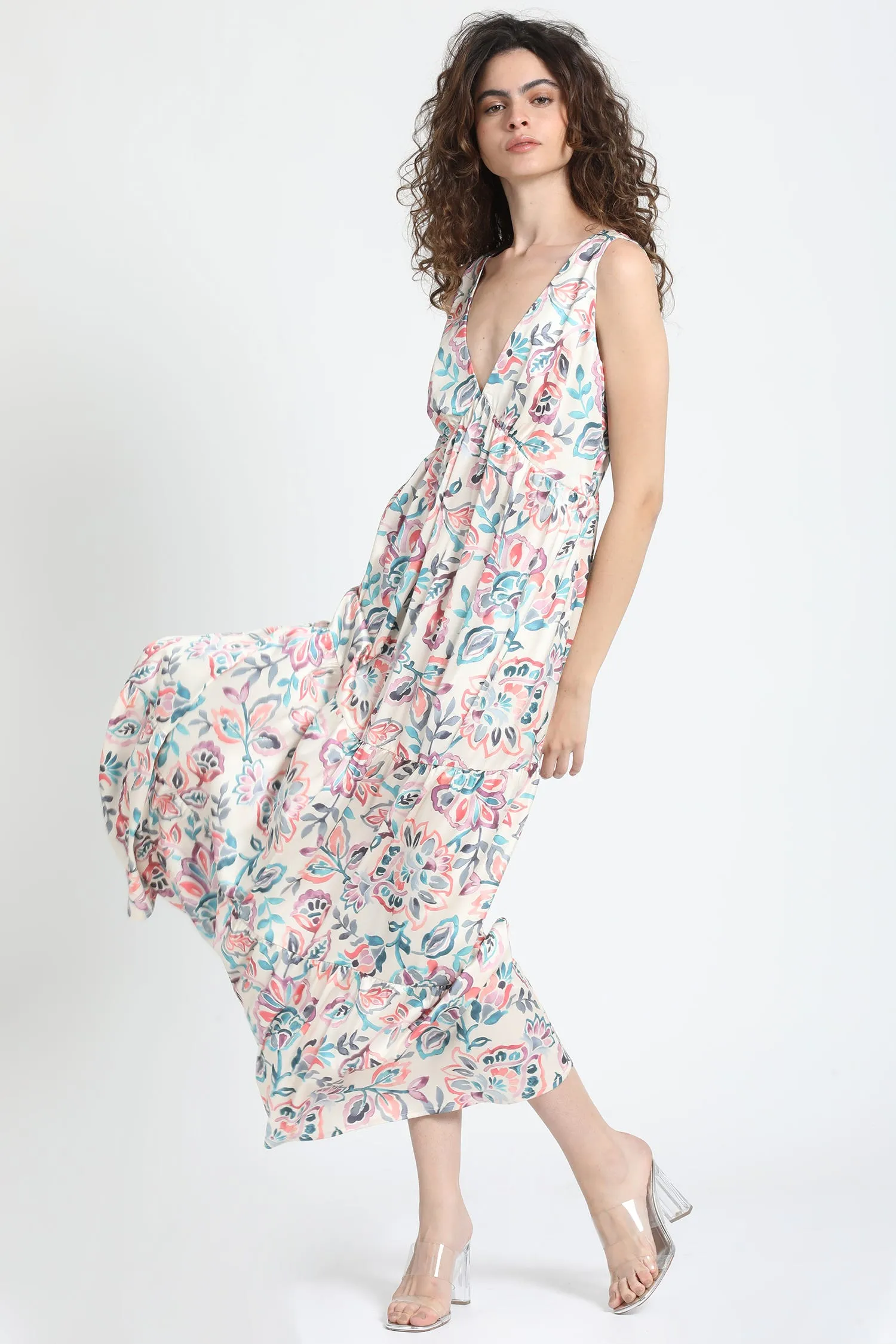 VESTIDO MAXI SATIN ESTAMPADO BEIGE