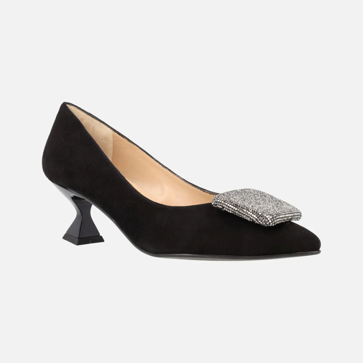 Zapatos de ante negro con tacón bajo y adorno de fantasía Lilien